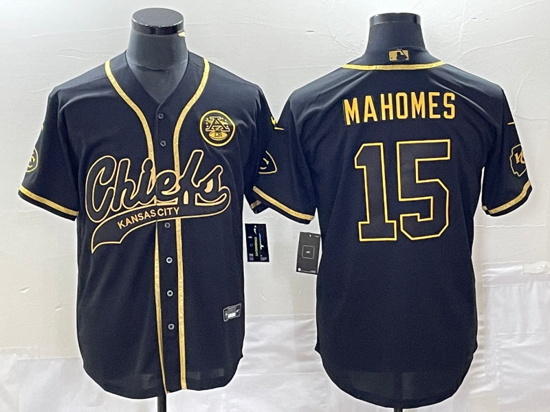 Men??s Kansas City Chiefs #15 Patrick Mahomes Black Gold Cool Bae Stitched Baseball Jersey